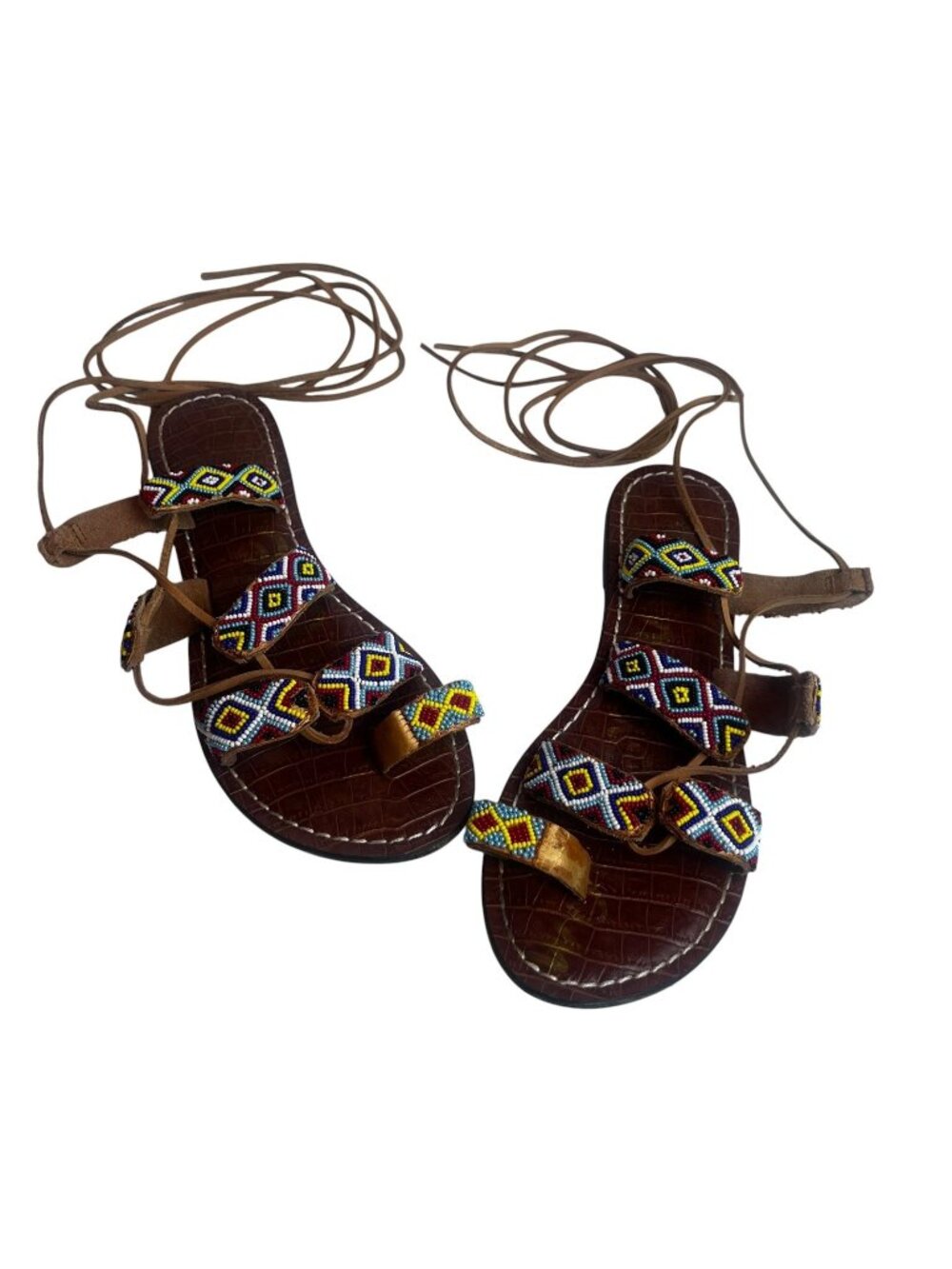 Gladiator Sandals Womens Size 8 Brown Leather Beaded Lace Up Boho Flat Festival